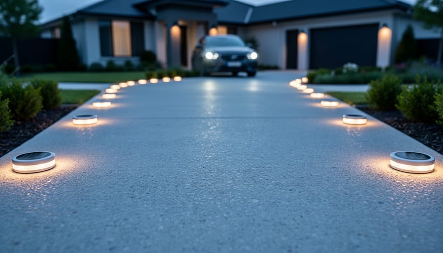 Solar Driveway Lights That Actually Work (No Electrical Bills Required) Low ground-level view of a driveway at dusk with embedded solar lights glowing warmly as a car turns toward a modern house; cool blue sky and soft landscaping in the background.