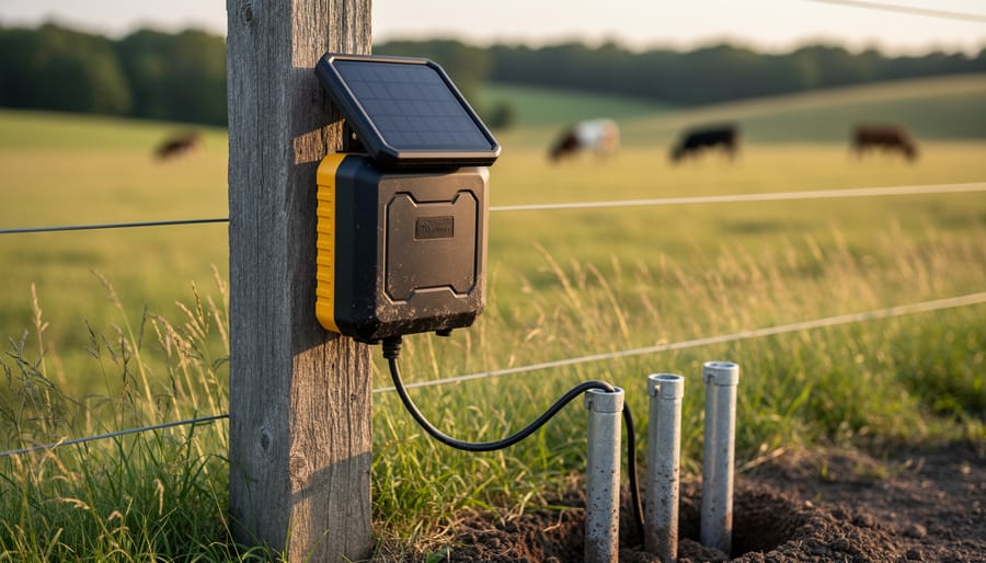 Solar fence charger with tilted panel and ground rods on a wooden post, electric wire running into a pasture with grazing animals in soft focus at golden hour.