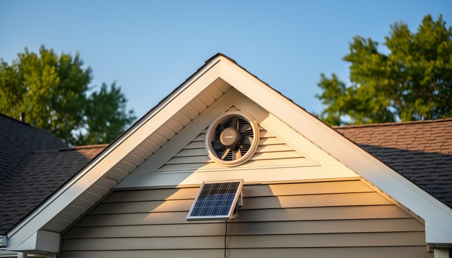 Low-angle view of a solar-powered attic fan fitted into a triangular gable vent, with a small solar panel mounted nearby, sunlit roofline and siding, and blue sky with trees in the background.