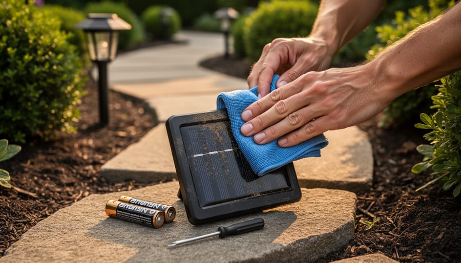 Why Your Solar Lights Stop Working (And How to Fix Them Fast) Close-up of hands wiping dirt from a solar path light’s panel on a garden stone, with replacement AA NiMH batteries and a small screwdriver beside it; blurred garden path lights and greenery in the background.