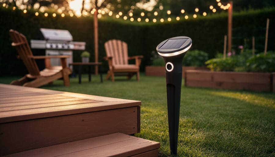 Solar Pest Repellent That Actually Works (And Saves You Money) Close-up of a solar-powered pest repellent stake with a small solar panel and glowing LED ring beside a wooden deck at dusk, with blurred chairs, grill, string lights, and garden in the background.