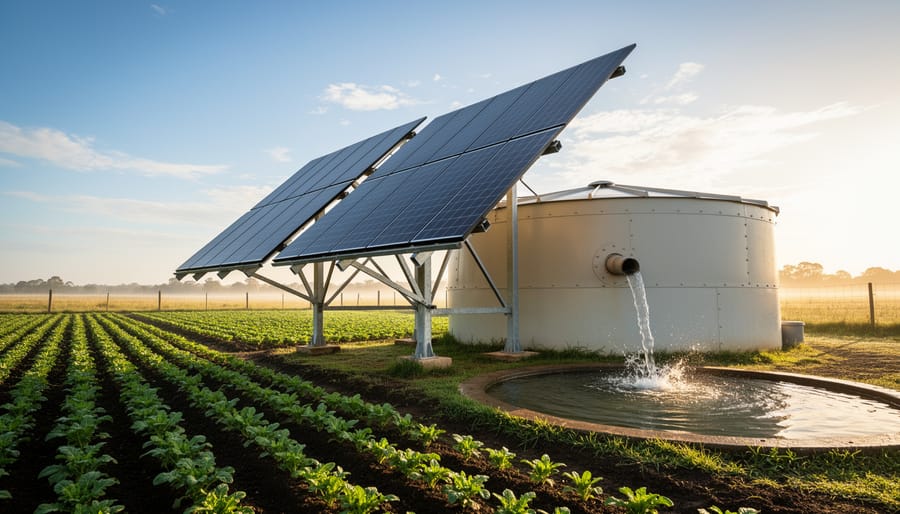 Why Your Farm Needs Solar Water Pumping That Follows the Sun Dual-axis solar tracking panels angled toward the sun beside a farm water pump and round storage tank, water flowing through a pipe, with irrigated crop rows in the foreground and distant fields at golden hour.