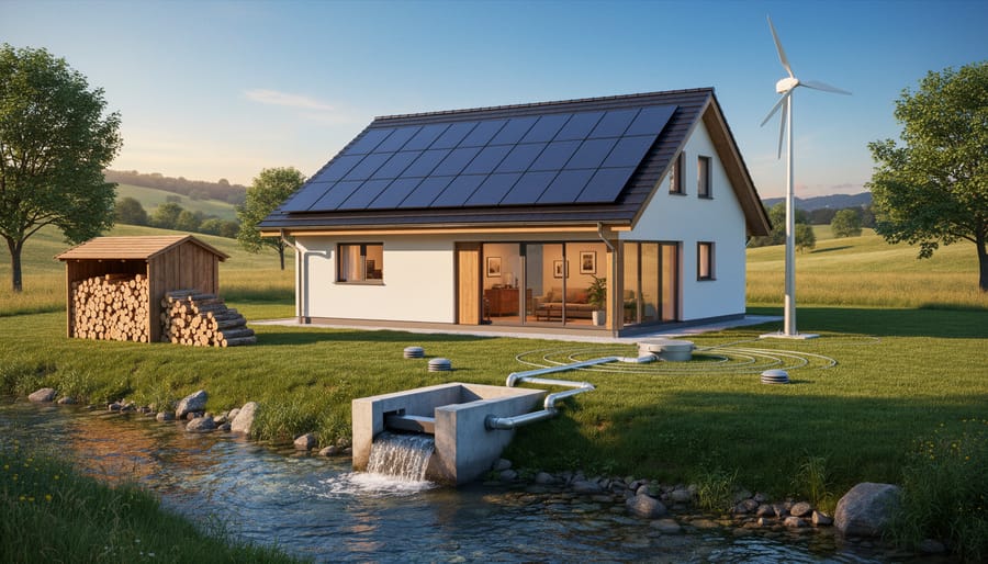 Six Energy Sources That Work With Your Solar Panels (And Why You Need Them) Modern rural home with rooftop solar panels, a small wind turbine, and a streamside micro-hydropower intake; stacked firewood and subtle ground loop caps indicate biomass and geothermal, with rolling hills and trees at golden hour.