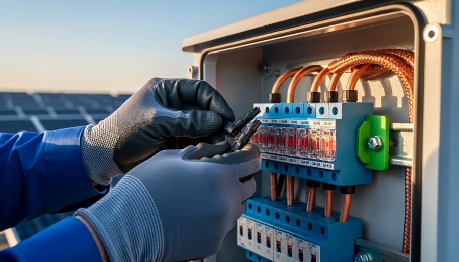 Wire Your Solar Panels Wrong and Watch Your Efficiency Disappear Gloved technician connects MC4 solar cables to a rooftop combiner box with inline fuses and a grounding lug, solar panels softly blurred in the background under warm side light.