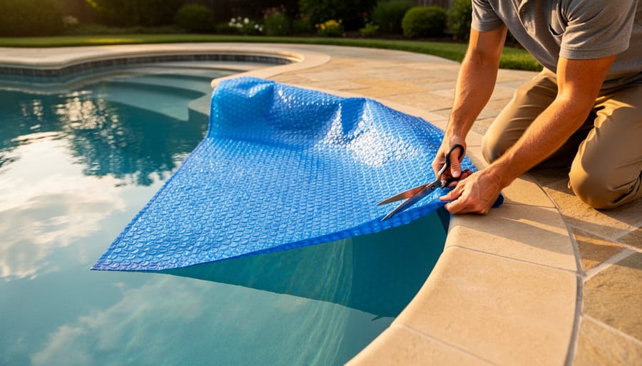 How to Cover Your Oddly-Shaped Pool Without Wasting Money on Custom Covers Hands cutting a blue rectangular solar cover along the curve of a kidney-shaped backyard pool, with patio and greenery softly blurred behind.
