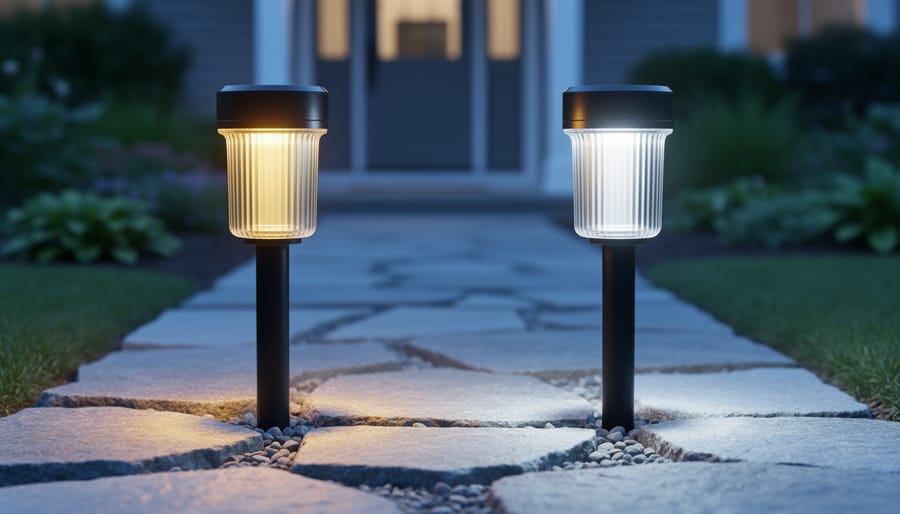 Why Your Solar Lights Glow Yellow (And How to Fix Them) Two solar garden path lights at dusk on a stone walkway, one glowing yellow and the other bright white, with a softly blurred yard and house entry in the background.