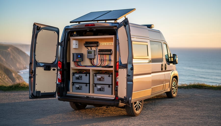 Why Your Camper Van Power System Keeps Failing (And How to Build One That Actually Works) Camper van at a coastal overlook during golden hour with open rear doors revealing organized lithium battery and inverter power system, rooftop solar panels visible, ocean cliffs softly blurred in the background.