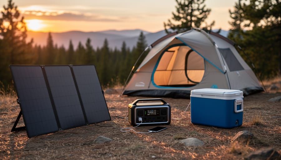 Why Your Next Camping Trip Needs a Portable Solar Power System (And How to Pick One) Foldable solar panels and a compact power station charging a phone and powering a small cooler beside a dome tent at a forest campsite, golden hour light with blurred trees and distant mountains.