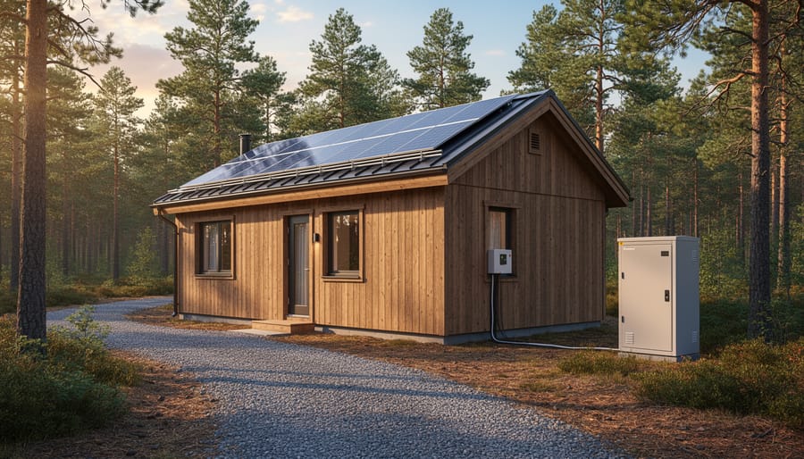 Why DC Microgrids Are Perfect for Your DIY Solar Setup Off-grid wooden cabin with roof-mounted solar panels and a weatherproof battery bank enclosure beside it at golden hour, set in a pine forest, illustrating a compact DC microgrid arrangement without visible equipment labels.