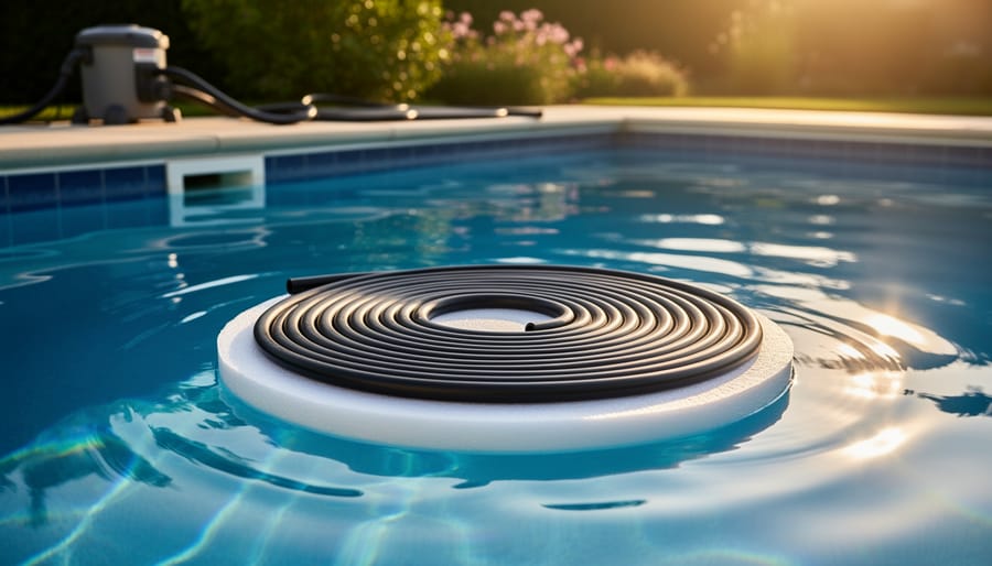 DIY floating solar pool heater with black coiled tubing on a foam base near the skimmer return in a backyard pool, photographed in morning sunlight with the deck and garden softly blurred.