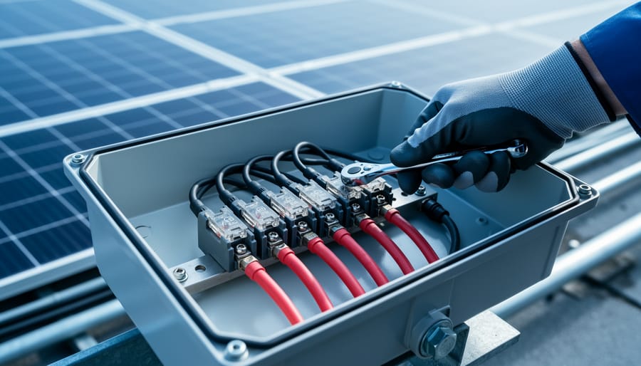 Why Your DIY Solar System Needs a 4 String PV Combiner Box (And How to Wire It Safely) Open four-string PV combiner box near rooftop solar panels, showing four fused positive inputs, a negative busbar, and a gloved technician tightening a terminal in soft daylight.