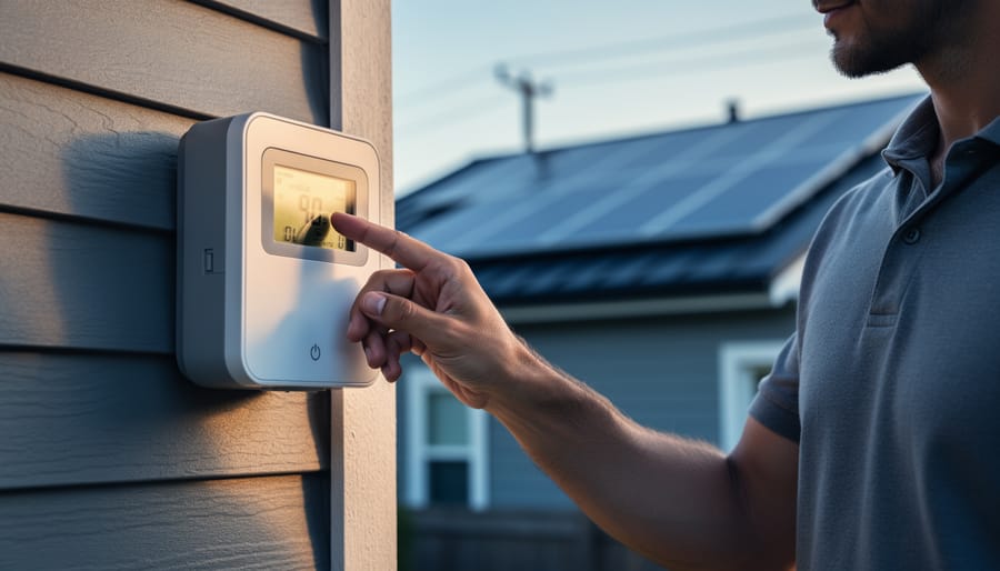 Homeowner examining an outdoor smart electric meter beside a house with rooftop solar panels at golden hour, with the meter casing and hand in focus and the display intentionally blurred.