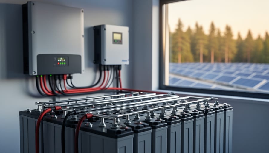 LiFePO4 battery bank with inverter and MPPT controller in an off-grid cabin power room, golden hour light through a window and rooftop solar panels visible outside.