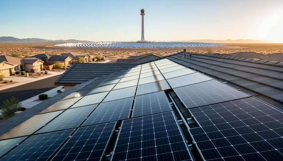 Suburban house roof covered with photovoltaic panels in sharp focus at golden hour, with a softly blurred distant solar-thermal tower and heliostat mirror field in the desert, showing the contrast between home PV and utility-scale CSP.