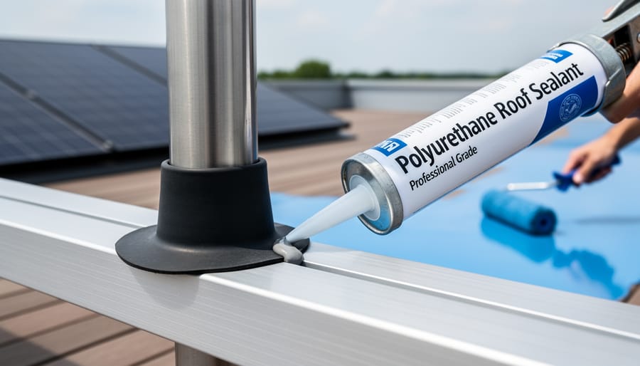 Close-up of a rooftop solar mounting post sealed with an EPDM flashing boot and a bead of polyurethane caulk, with solar panels and a roller applying blue waterproof membrane softly blurred in the background under overcast light.