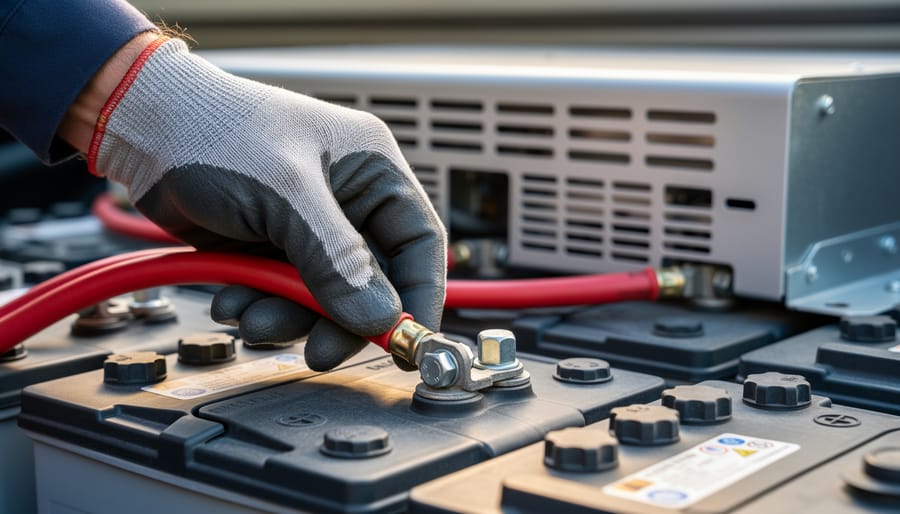 Why Your RV Inverter Keeps Failing (And How to Fix It Fast) Close-up of a gloved hand tightening a heavy-gauge red cable on an RV battery bank, with the inverter unit and clear ventilation space softly blurred in the background.