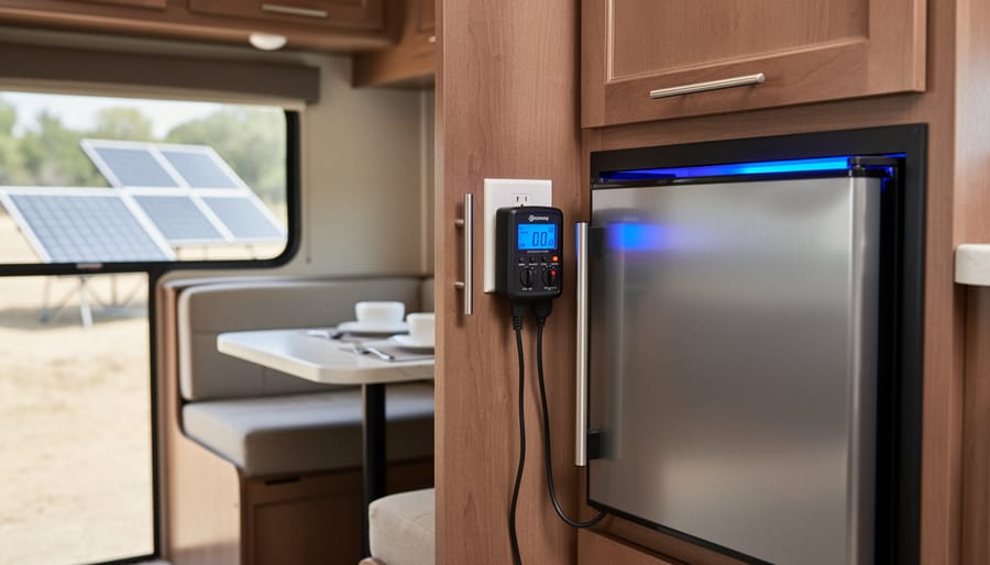 RV kitchen with wood cabinetry and a compact stainless mini fridge slightly open, blue interior light visible, power meter connected at the outlet, and blurred portable solar panels outside the window.