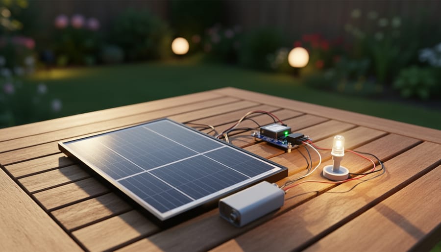 Small solar panel connected to a rechargeable 9V battery and tiny charge controller on a wooden outdoor table, lit by warm evening sunlight, with softly blurred garden path lights in the background.