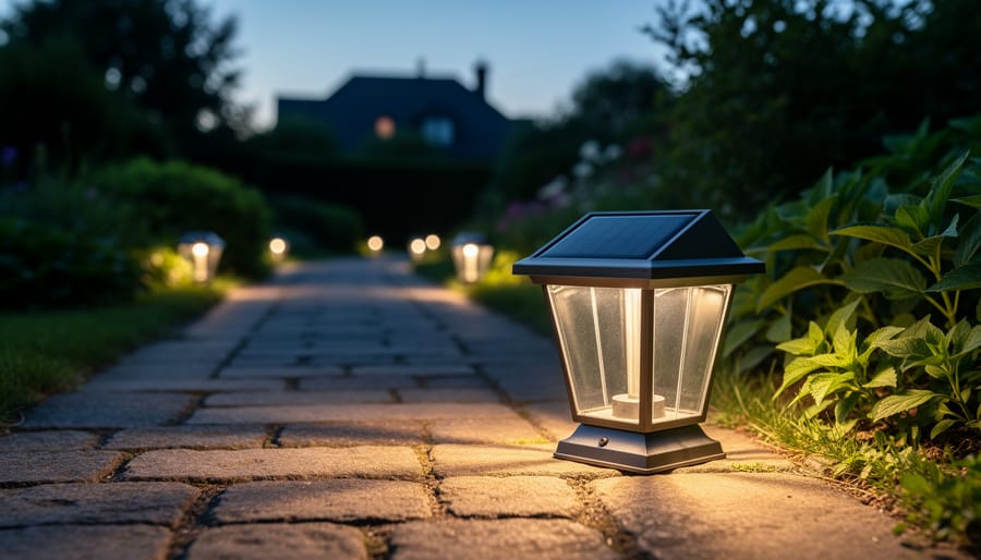 Why Your Solar Path Lights Keep Failing (And Which Lanterns Actually Last) Low-angle dusk photo of a lantern-style solar path light with a monocrystalline panel illuminating stone pavers with a soft, even glow, while distant stake lights appear dim and harsh against a garden path and foliage.