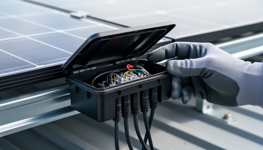 Why Your Solar Panel's J-Box Matters More Than You Think Close-up of a solar panel’s rear junction box with the cover open, a gloved hand checking connections, MC4 cables attached, and small diodes visible, with a blurred rooftop solar array and conduit in the background.