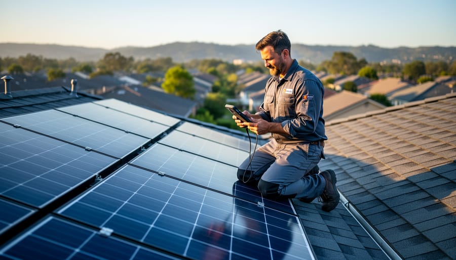 Calculate Your Solar Panel kWh Output Before You Buy (Free Calculator Inside) Technician kneeling beside blue monocrystalline solar panels on a suburban home roof at golden hour, checking the system with a handheld device while panels reflect warm sunlight; neighborhood and distant hills softly blurred in the background.