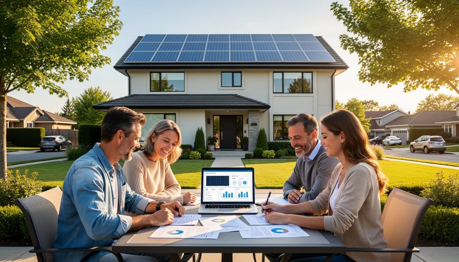 How the Solar Tax Credit Puts Thousands Back in Your Pocket Couple at a patio table with a laptop and papers, their suburban home behind them featuring rooftop solar panels in warm golden-hour light.