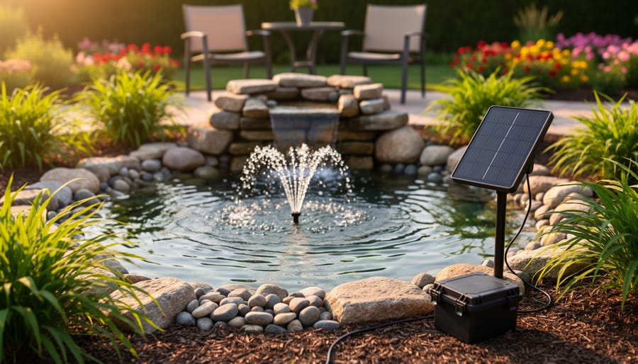 Solar Water Pumps That Bring Your Garden Features to Life (Without the Power Bill) Solar panel on a stake powering a small pond fountain and stone waterfall in a backyard garden at golden hour, with cable to a weatherproof battery box and softly blurred patio and flowers in the background.