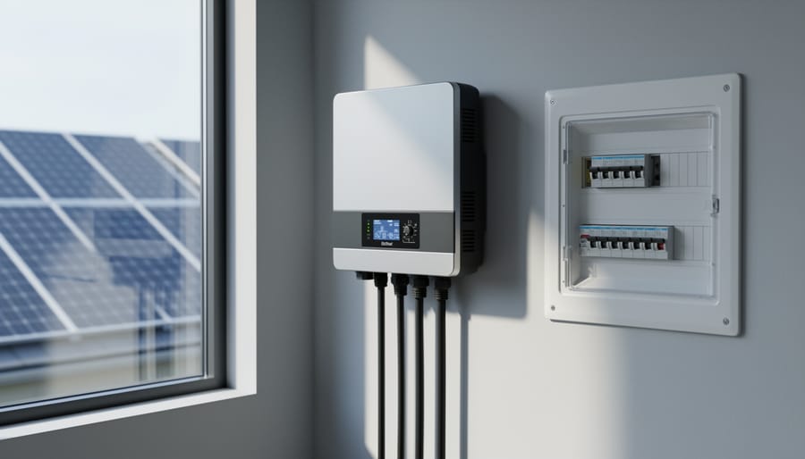 Why 3-Phase Solar Inverters Are Game-Changers for Home Energy (Even If You're Just Starting Out) Wall-mounted 3-phase solar inverter beside a residential electrical panel with three thick service cables, in a bright home utility area with rooftop solar panels visible in soft focus.