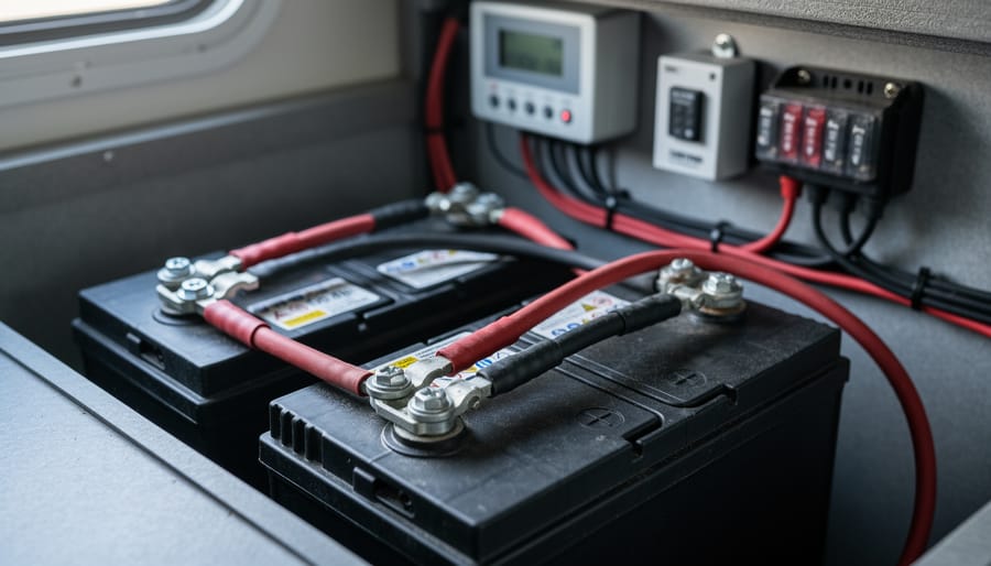 Two unbranded 6‑volt deep‑cycle golf cart batteries wired in series with heavy red and black jumpers in an RV battery compartment, with a blurred solar charge controller and fuse block in the background under soft natural light.