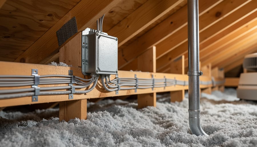Attic Solar Wiring That Won't Fail Your Inspection Attic interior with NM cable stapled along joists, a metal junction box above blown-in insulation, protective nail plates on framing, and a metal conduit from the roof for solar equipment, with rafters and a solar attic fan housing in the background.