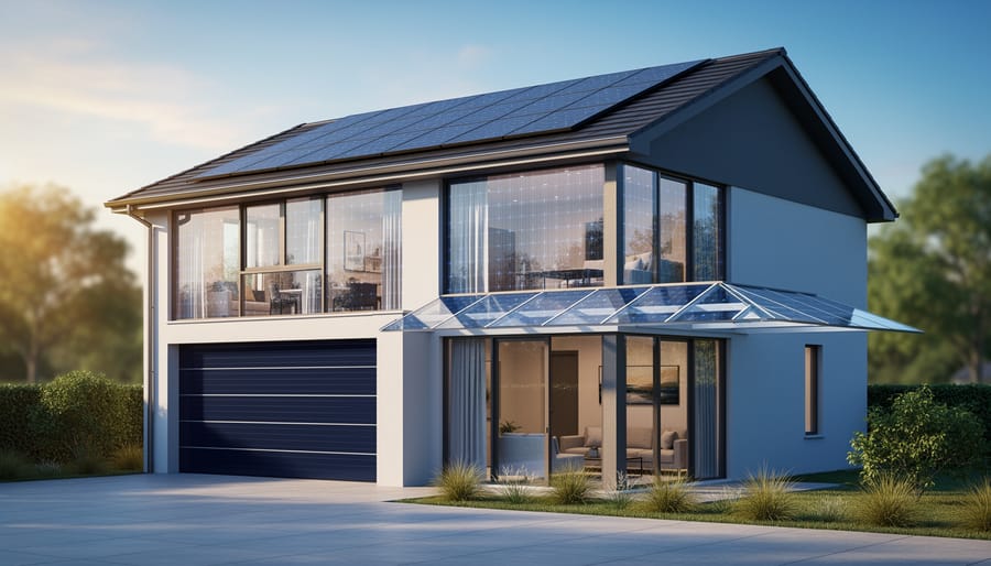 Turn Your Home's Exterior Into a Power Plant With BIPV Solar Modern two-story house at golden hour with solar shingle roof, semi-transparent solar windows, a solar glass patio awning, and a garage door with integrated PV panels; landscaped yard and trees softly blurred in the background.
