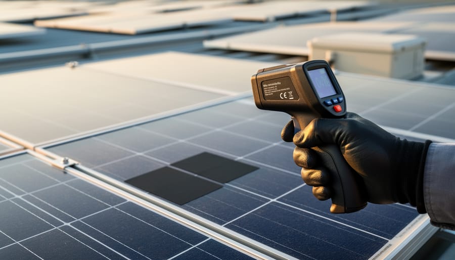 Why Your DIY Solar Project Needs a Calibrated Infrared Thermometer (And How to Keep It Accurate) Gloved hand using an infrared thermometer on a sunlit rooftop solar panel, pointed at a small matte black emissivity patch, with blurred array, conduit, and inverter enclosure in the background; display not visible.