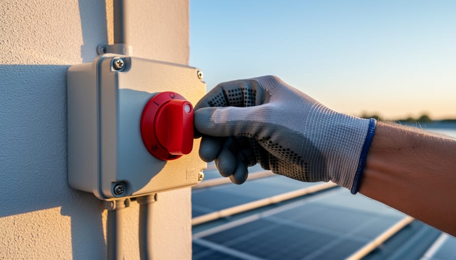 Gloved technician reaching to operate a weatherproof DC isolator switch on an exterior wall next to rooftop solar panels, with conduit and blue sky softly blurred in the background.