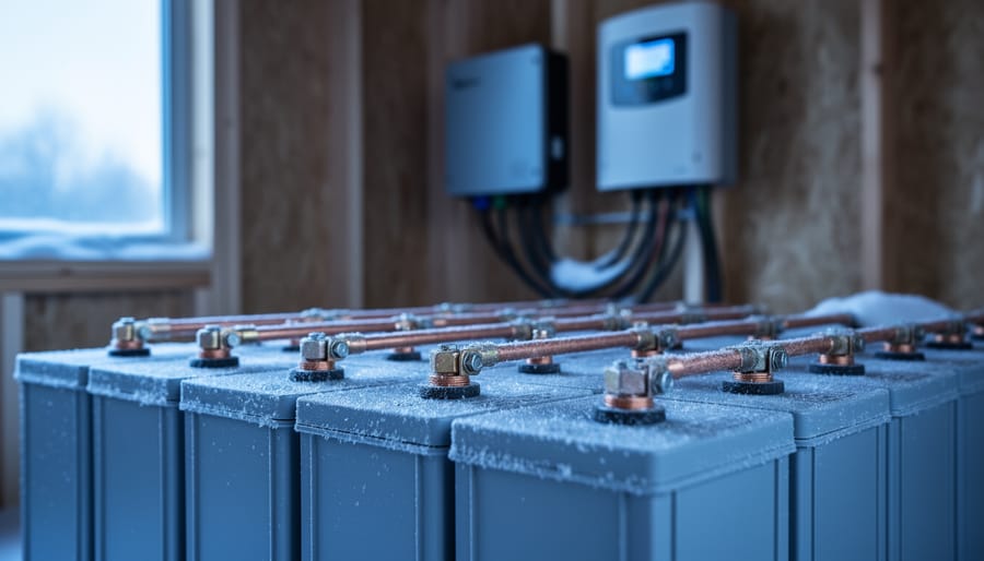 Why Your LiFePO4 Battery Fails in Winter (And How to Fix It) Close-up of a LiFePO4 battery bank with frost on its casing and terminals inside a cold shed, with an inverter, charge controller, and snow-dusted solar cables blurred in the background under cool morning light.