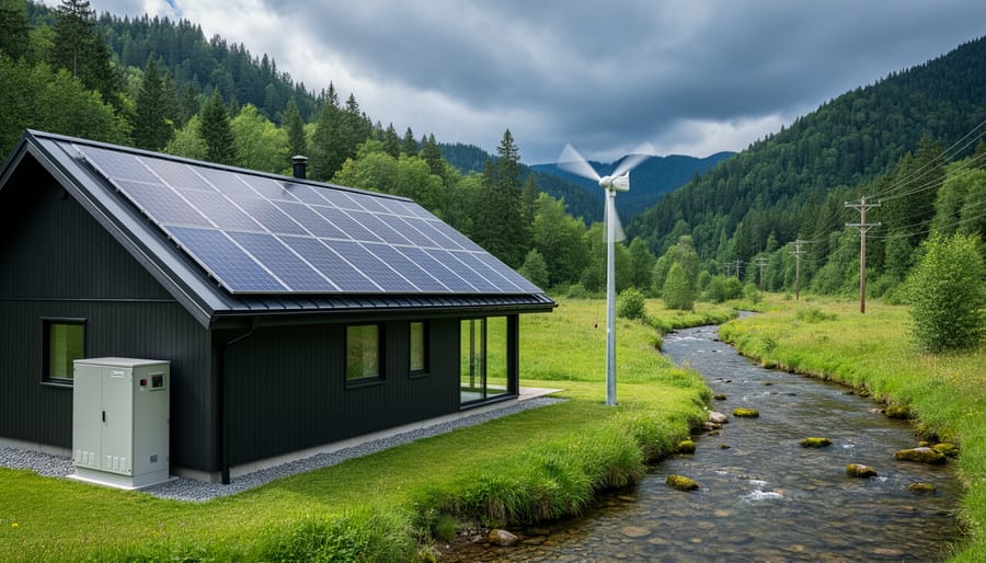 Off-grid cabin with rooftop solar panels, a small wind turbine, exterior battery cabinet, distant utility lines, and a nearby creek under bright overcast skies, illustrating a hybrid energy system.