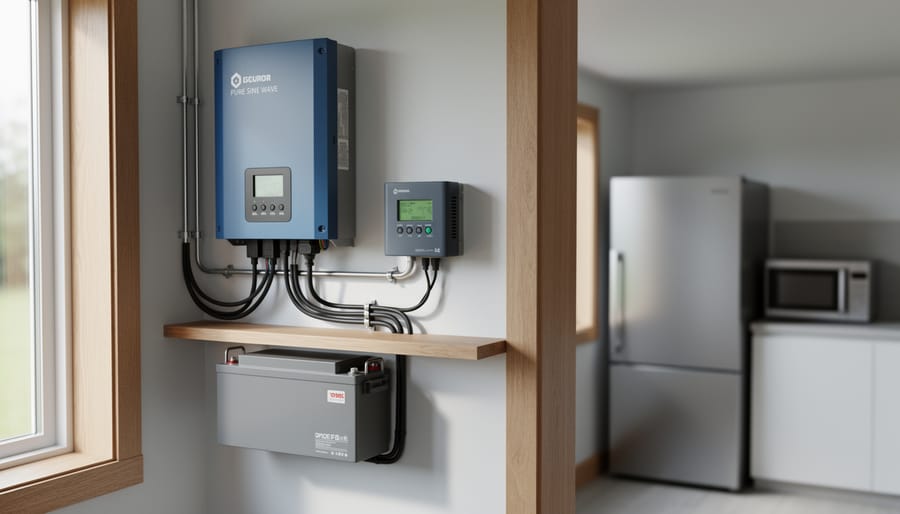 Size Your Off-Grid Solar Inverter Right the First Time (Before You Waste Money) Off-grid utility room with a wall-mounted pure sine wave inverter, charge controller, and lithium battery bank in sharp focus, softly lit by side daylight, with a blurred kitchen showing a refrigerator and microwave in the background.