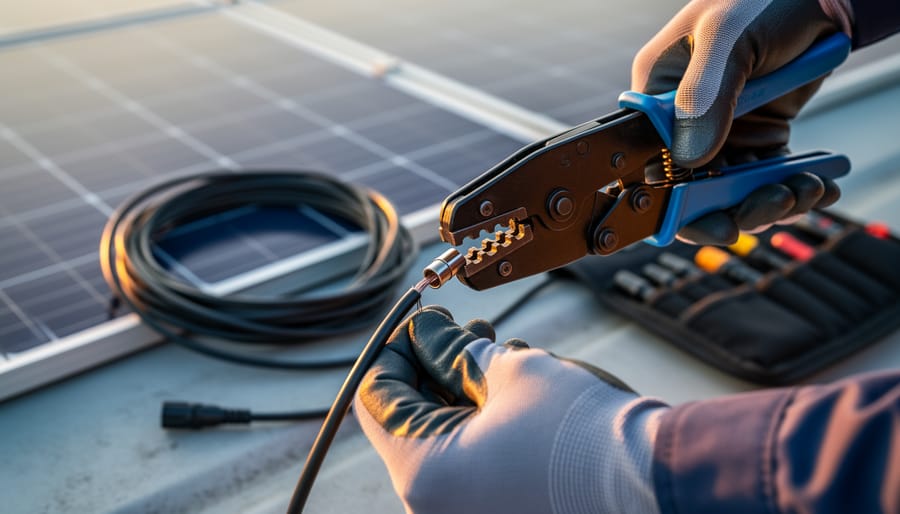 Ratcheting crimper pressing a ferrule onto stranded solar cable next to an MC4 connector, with rooftop solar panels blurred in the background under warm side light.