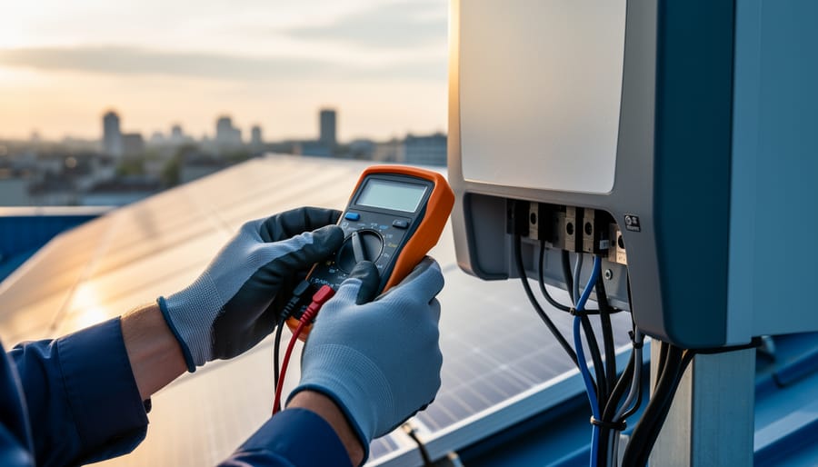 Stop Burning Out Your Solar Gear: Why Electrical Unit Conversion Matters Gloved hands using a multimeter to test DC connections beside a charge controller on a rooftop solar array, with panels leading toward a softly blurred city skyline in warm side light.