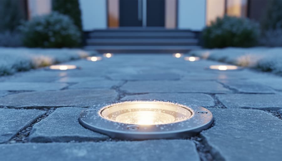 Ground-level close-up of a solar inground light glowing on a stone pathway in winter, with frost and water droplets visible; additional lights evenly spaced lead to garden steps, with shrubs and a house softly blurred in the background.