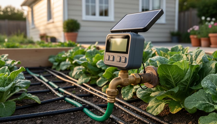 Set Your Garden Watering on Autopilot (Even When the Power's Out) Close-up of a solar-powered irrigation timer with an integrated panel on a brass outdoor faucet, hose leading to drip lines over leafy vegetable beds in warm morning light, with garden beds and a house softly blurred in the background.