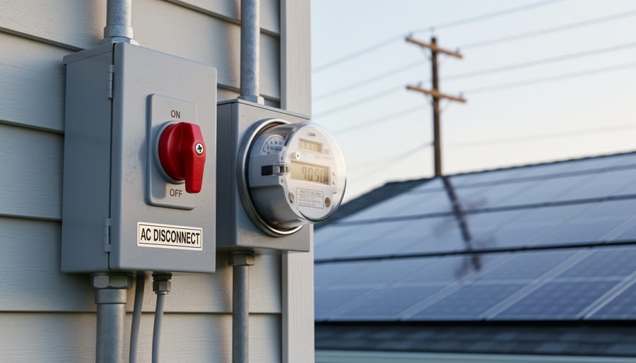 This Device Lets Your Solar System Talk to the Grid (Without Getting Disconnected) Outdoor AC disconnect switch next to an electric meter on a house, with rooftop solar panels and utility power lines blurred in the background