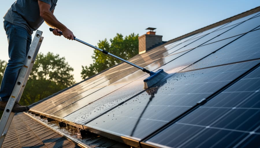 Why Your Solar Panels Are Losing 25% Efficiency (And How a Simple Cleaning Kit Fixes It) Homeowner standing on the ground using an extension pole with a soft-bristle brush to clean rooftop solar panels at sunrise, water sheeting off for a streak-free finish, with a suburban roofline and trees in the background.