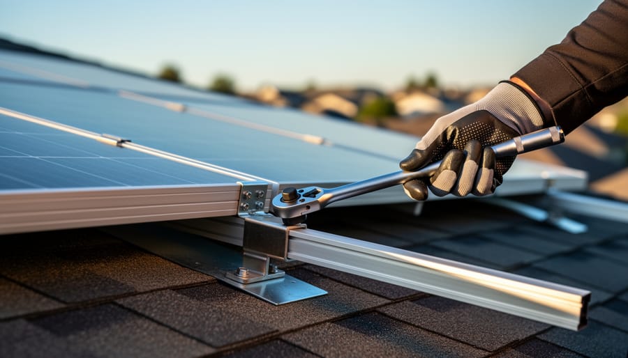 Close-up of a rooftop solar panel secured to an aluminum rail with stainless steel clamp and flashing, installer’s gloved hand checking the bracket with a torque wrench at golden hour; shingles and suburban skyline softly blurred in the background.