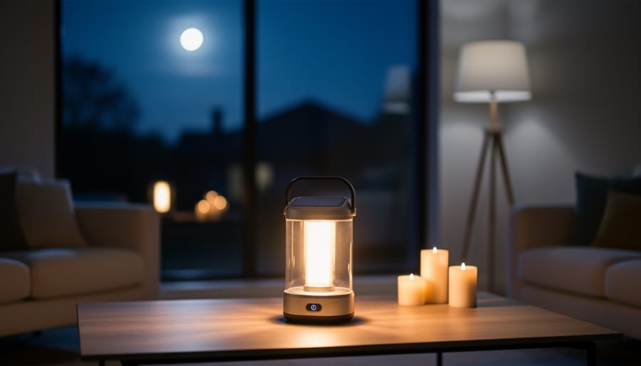 Modern solar portable lantern glowing on a living room table during a blackout, with an unlit household lamp, candles, and a moonlit window softly blurred in the background.