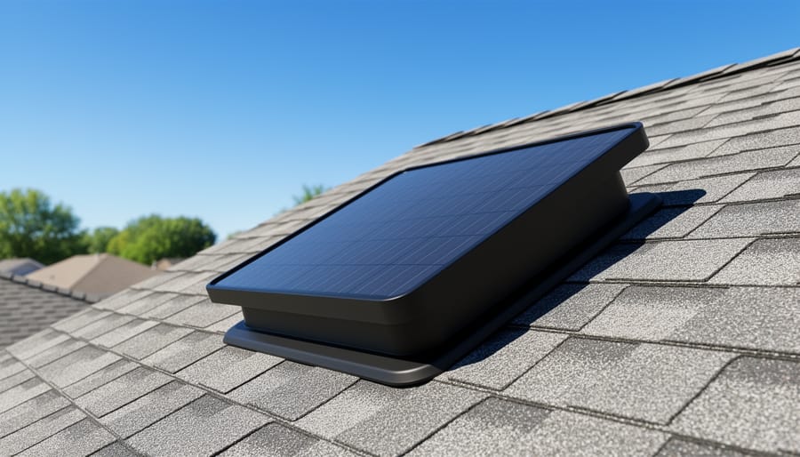 Low-angle close-up of a roof-mounted solar attic ventilation fan with integrated panel on an asphalt-shingle roof, under a bright blue summer sky with soft treetops and neighboring rooftops in the background.