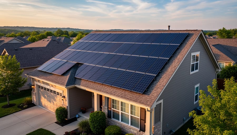 How Much Power Does an 8kW Solar System Actually Produce Each Day? Oblique aerial view of a suburban house with approximately 26 dark-blue monocrystalline solar panels on a pitched, south-facing roof at golden hour; neighboring rooftops, trees, and distant hills softly blurred under a blue sky with thin clouds.