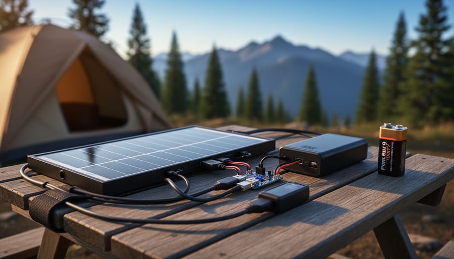 Why 9 Volt Solar Panels Are Perfect for Your Portable Power Setup Compact 9-volt solar panel on a wooden camp table charging a small battery bank and a 9V rechargeable battery through a DC-DC module, lit by warm golden-hour sun with a blurred tent and pine trees in the background.