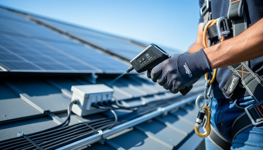 DIY installer in gloves and harness uses an infrared thermometer on an MC4 connector of a rooftop solar array under bright midday sun, with panels and inverter softly blurred in the background.