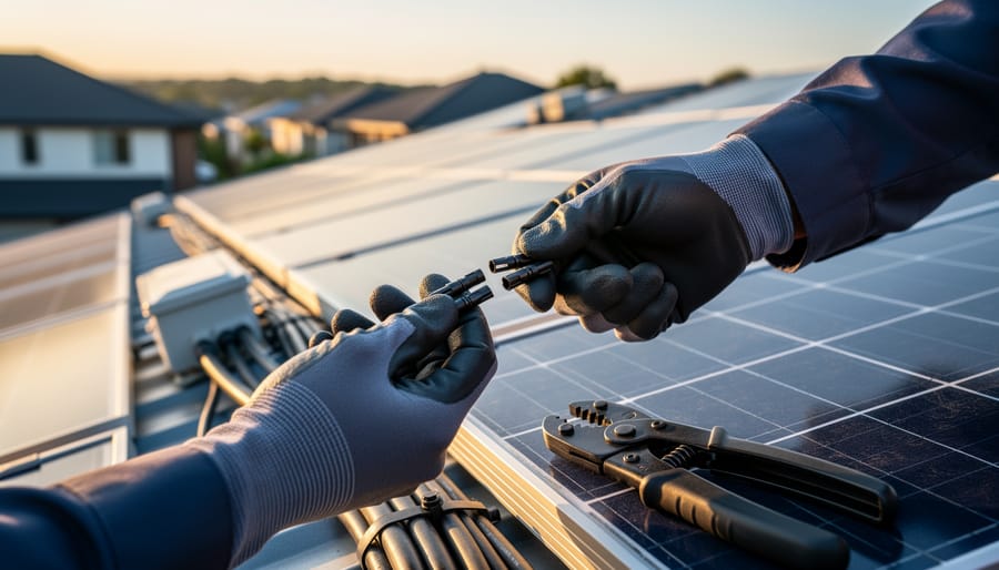 Why Your Solar Panel Connectors Matter More Than You Think Gloved hands snapping MC4 solar connectors together next to a rooftop panel string at golden hour, with a crimping tool nearby and blurred panels and rooftops in the background.