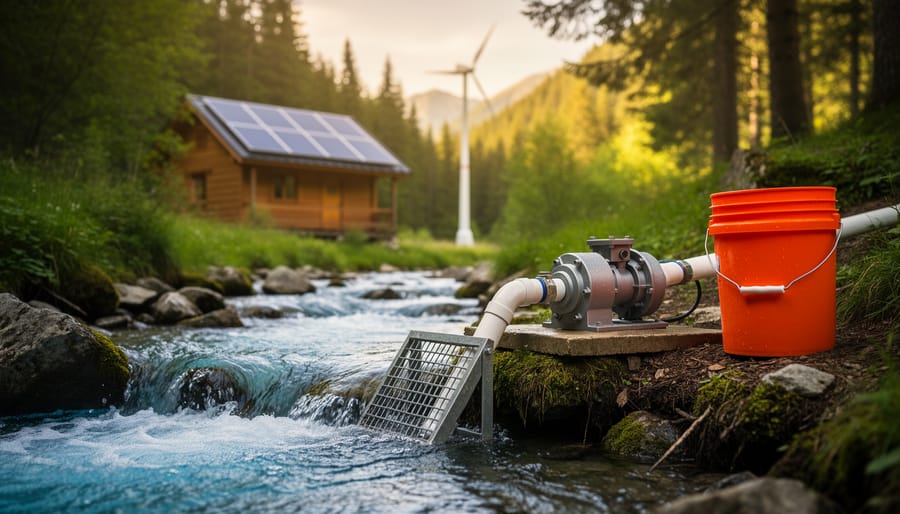 Micro hydro intake and penstock beside a forest stream, with an off-grid cabin featuring roof solar panels and a distant small wind turbine at golden hour.
